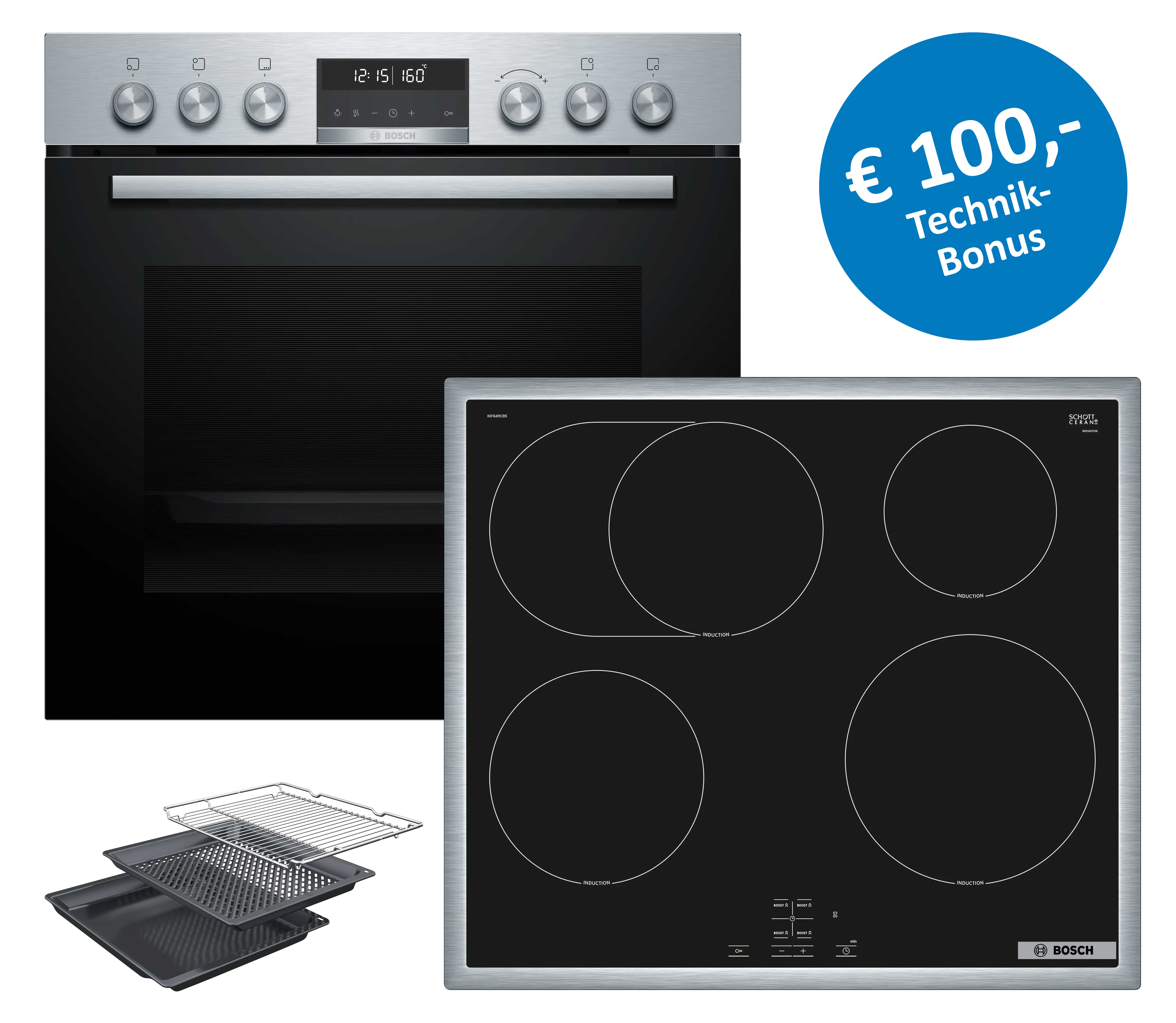 Edelstahl, Backofen, Induktionskochfeld, Küche, Technik-Bonus