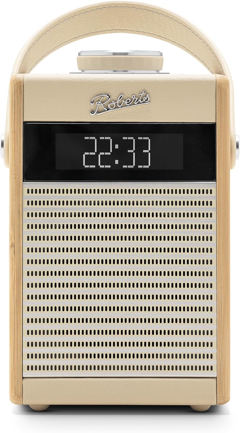 digitaler Radio, tragbarer Lautsprecher, Holzrahmen, digitale Uhr, beige Farbe