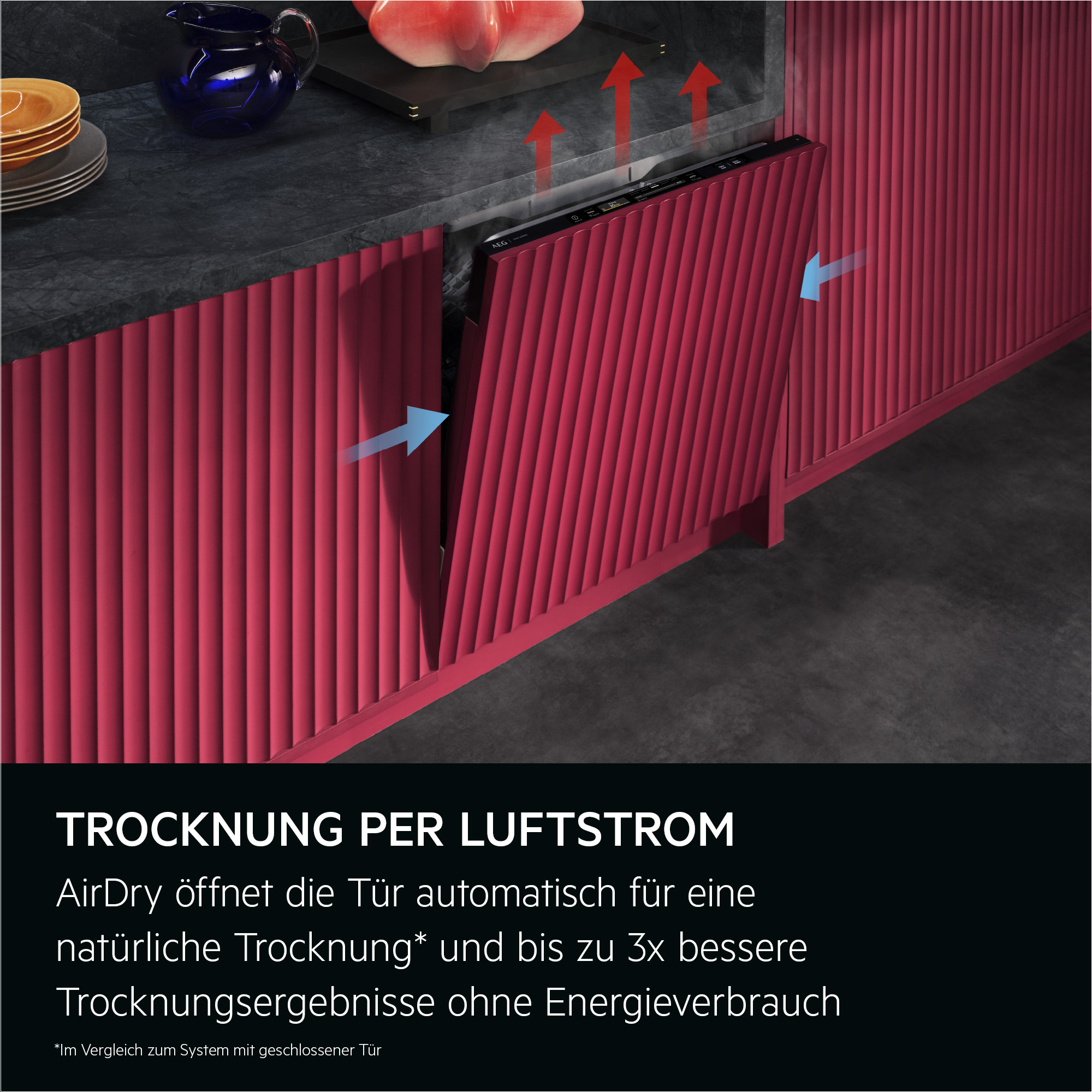 Küchenschrank, Fliesenfront, rote Schränke, Luftstrom, Trocknungssystem