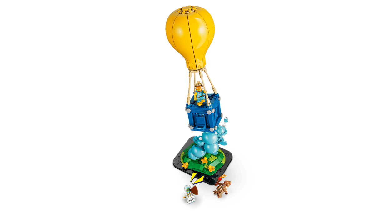 Lego, Heißluftballon, Minifigur, blauer Gondel, grüner Grundfläche