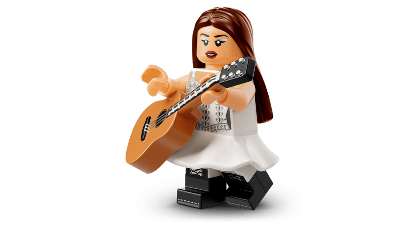 Lego Figur, Gitarre, weißes Kleid, braunhaarige Figur, Musiker