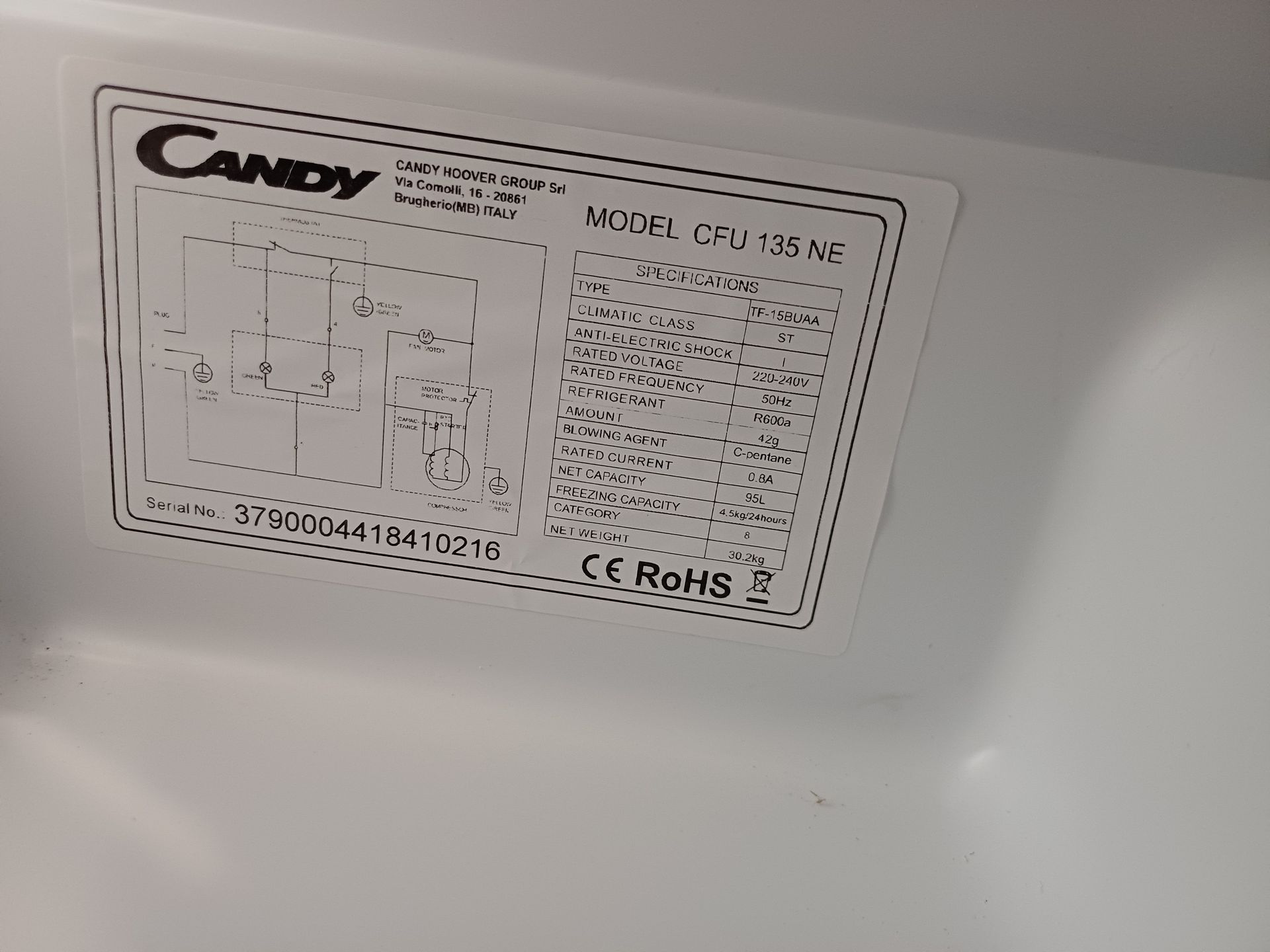 appliance label, Modell CFU 135 NE, Spezifikationen, Seriennummer, CE RoHS