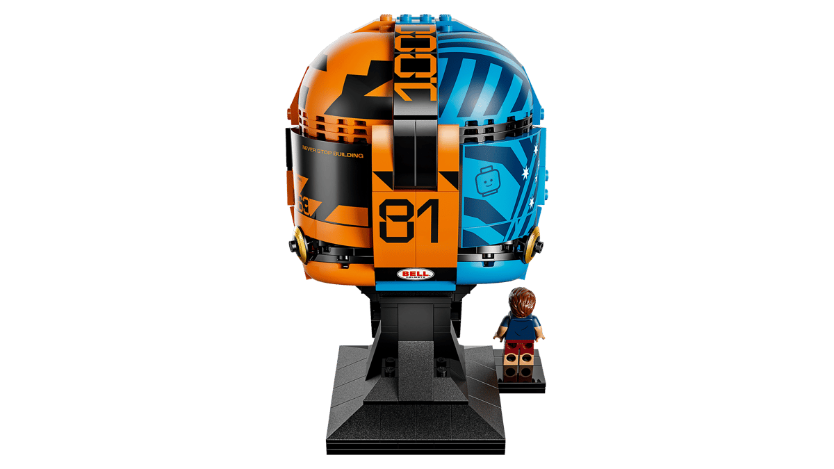 Lego Helmd, Legobricks, Orangene Blaues Helm, Mini-Figur, Display-Stand