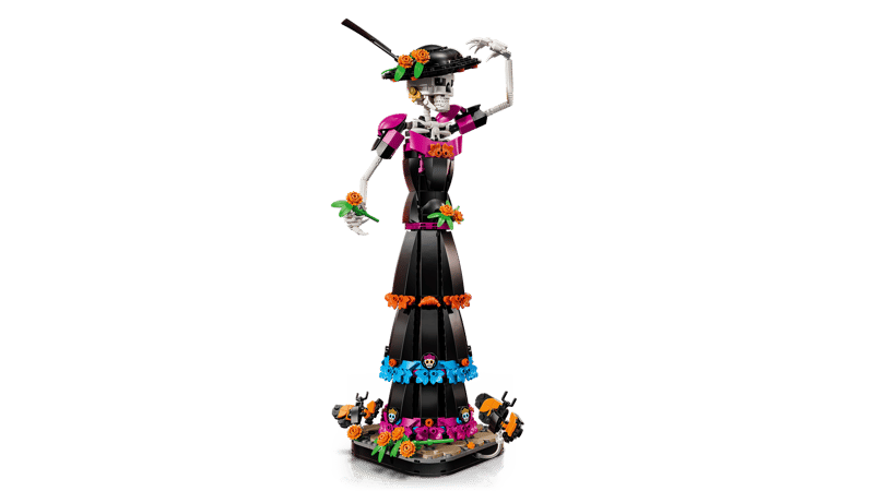 Dia de los Muertos Figur, Figurine, Totenkopf-Motiv, Turmstatue, Bunte Blumen