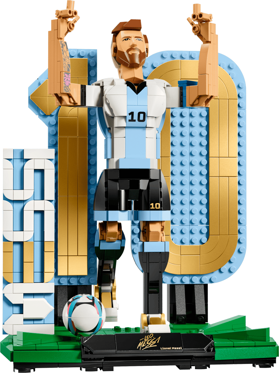 lego statue, sportlerfigur, fußballpose,  Lionel Messi, turmbasis