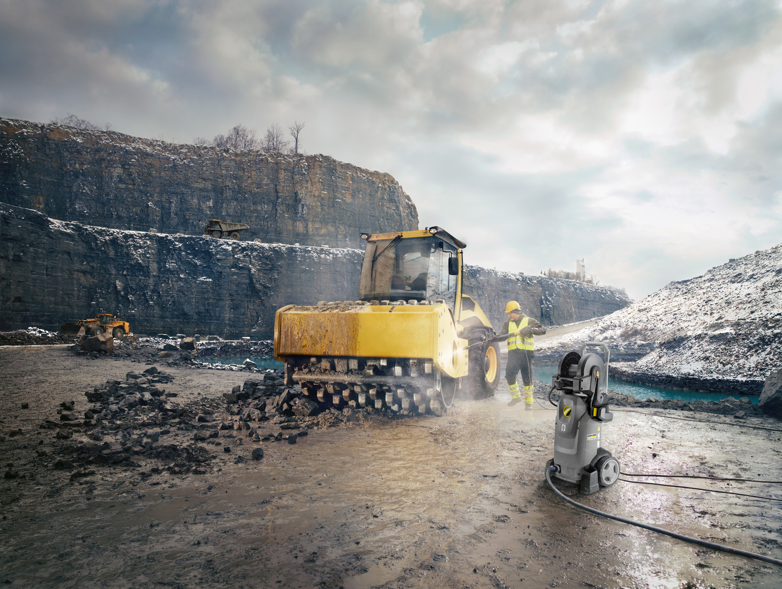 Hochdruckreiniger Person, Arbeiter, Helm, Bulldozer, Maschine