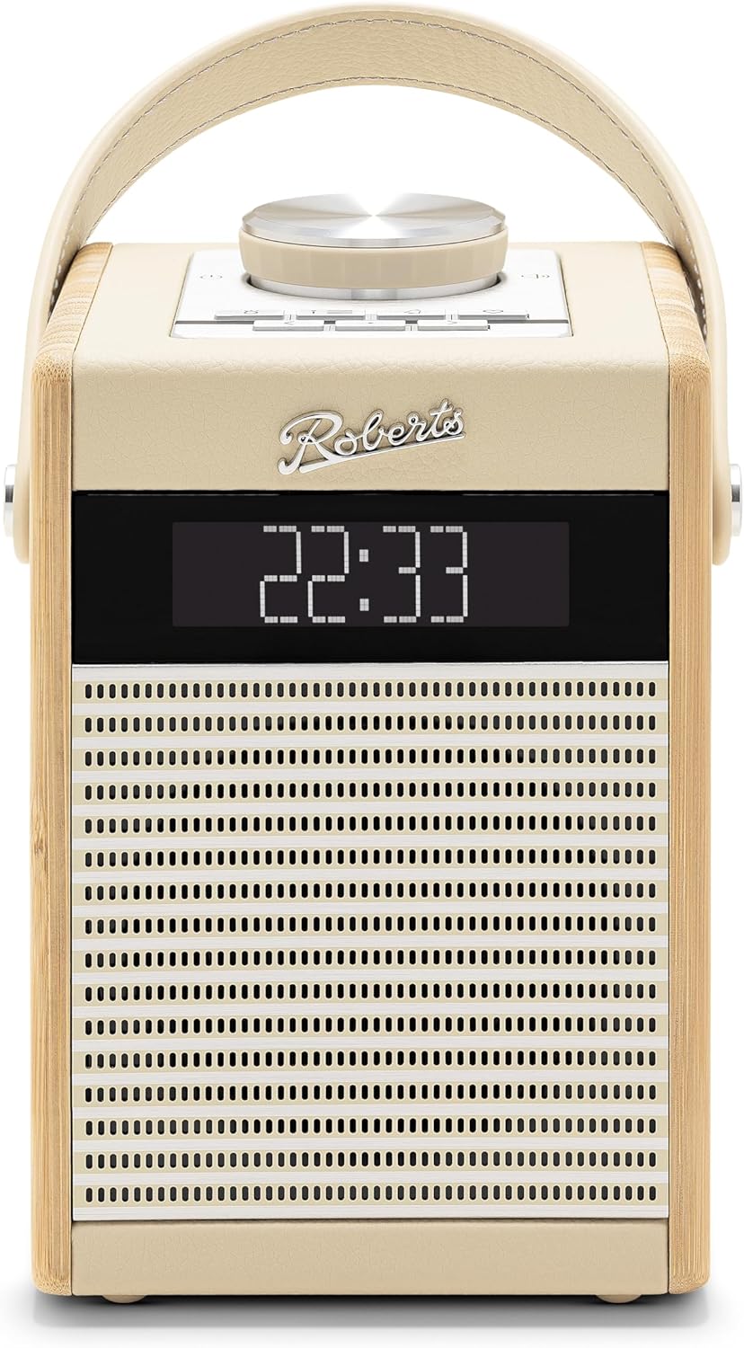 radio, digital display, wooden, portable, beige