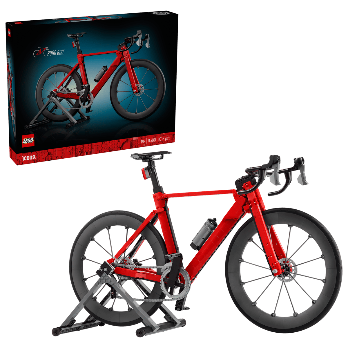 Straßenrad, LEGO, Fahrradtrainer, roter Rahmen, Scheibenbremsen
