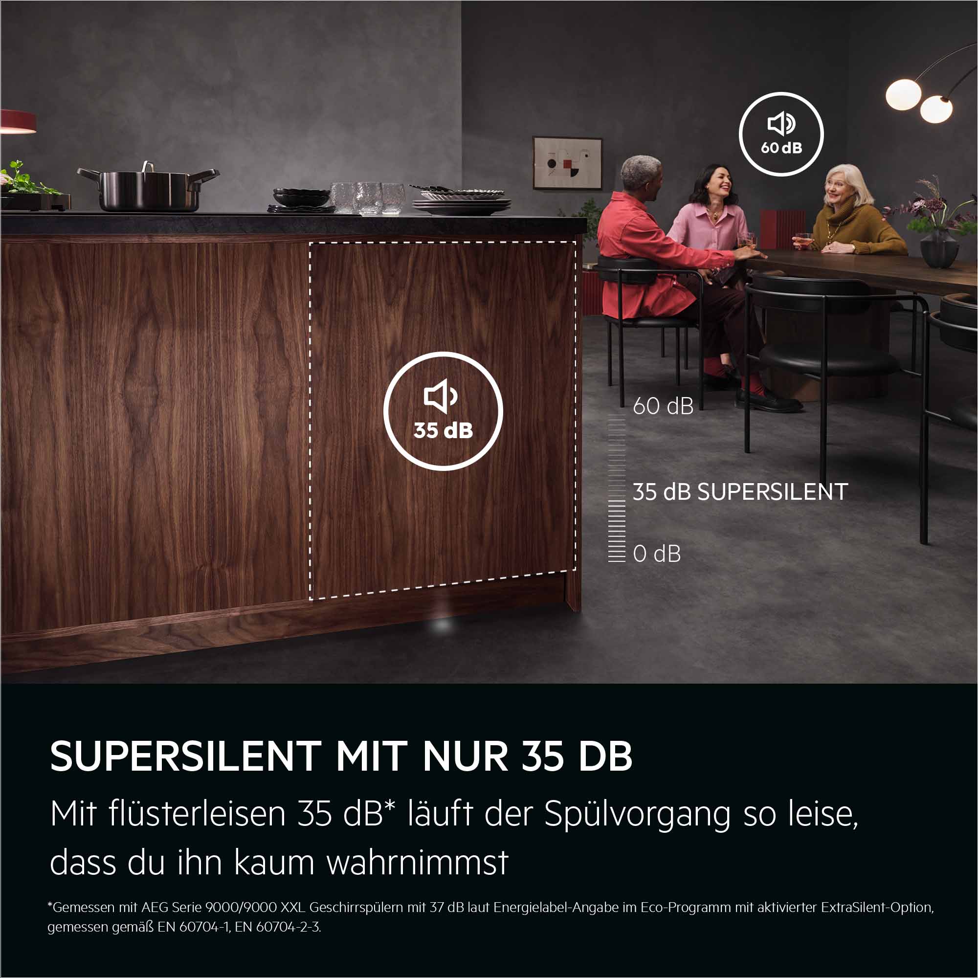 kücheninsel, holzoptik, dunstabzug, geräuscheins, sichtbare dekalage