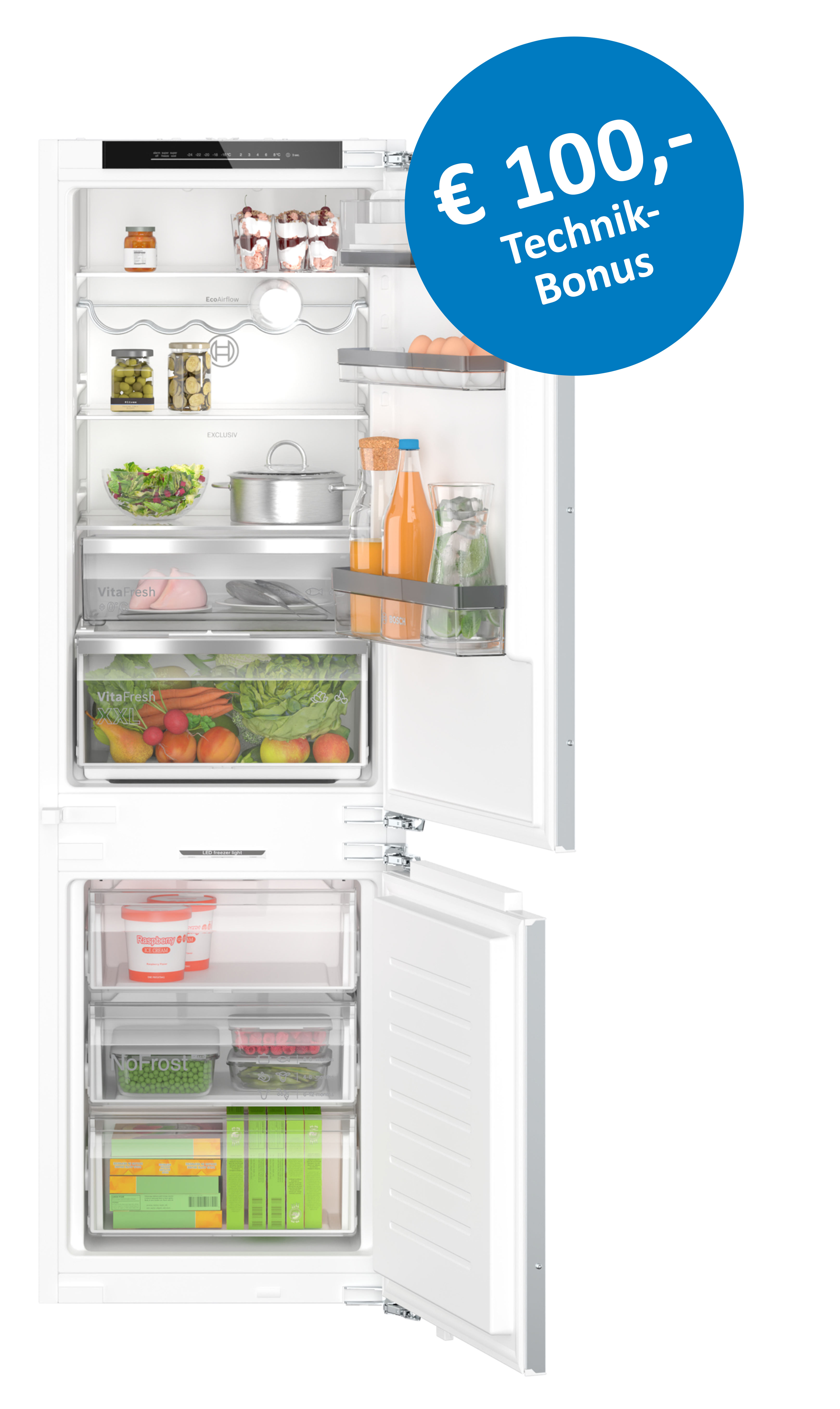 Kühlschrank, Gefrierfach, Einbaugerät, Glasflaschen, Gemüse