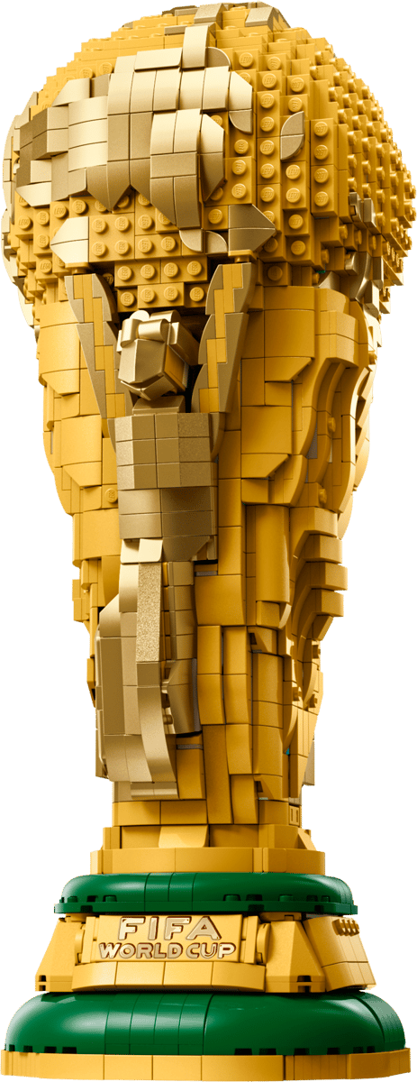 lego sculpture, brick art, gold color, trophy stand, FIFA World Cup