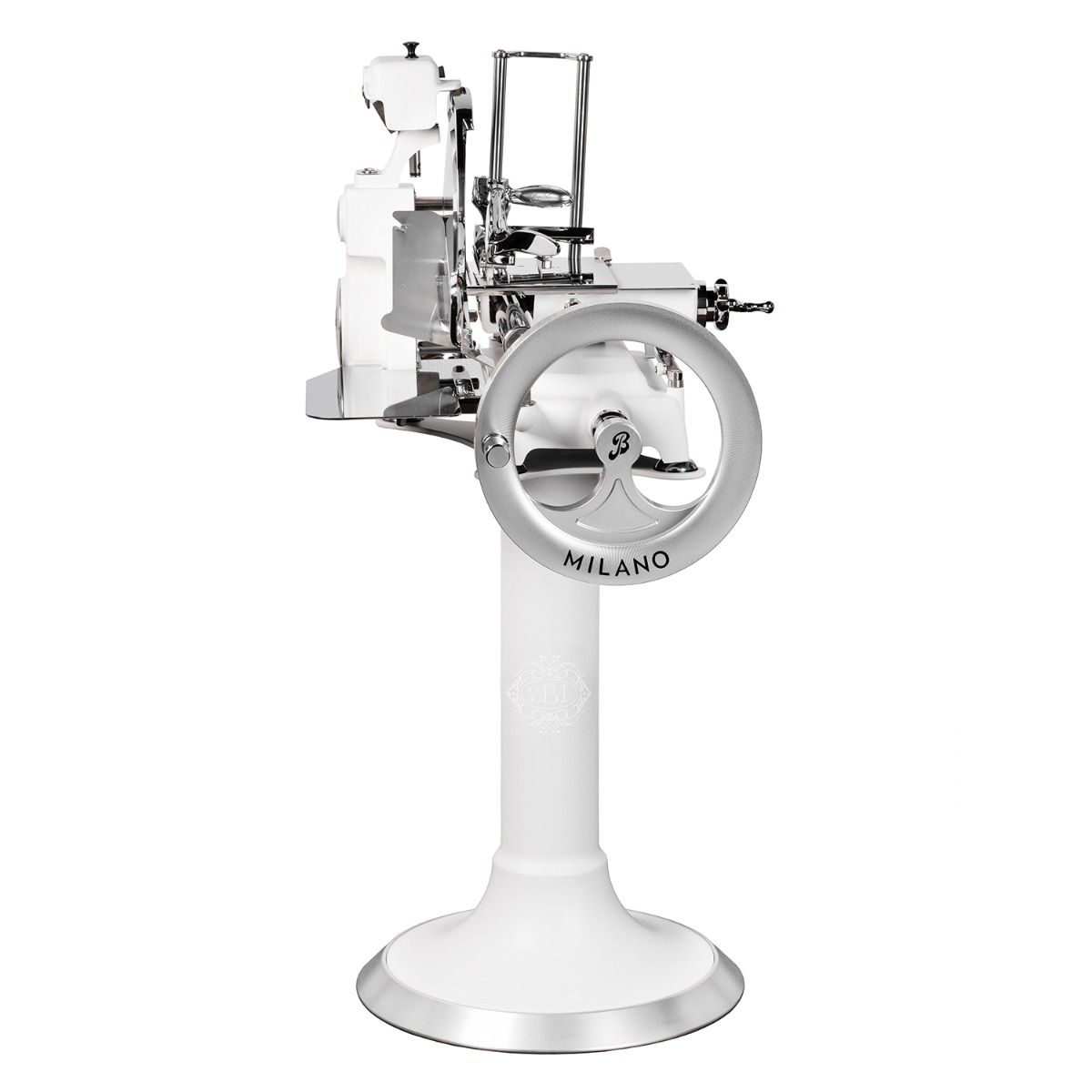 Küchengerät, Kaffeemühle, manuell, metallisch, weißer Stand