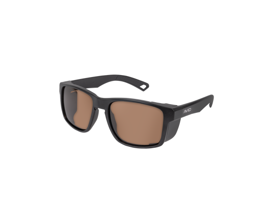 Sonnenbrille, Rahmen aus Kunststoff, Braune Gläser, kantige Form, schwarze Brille