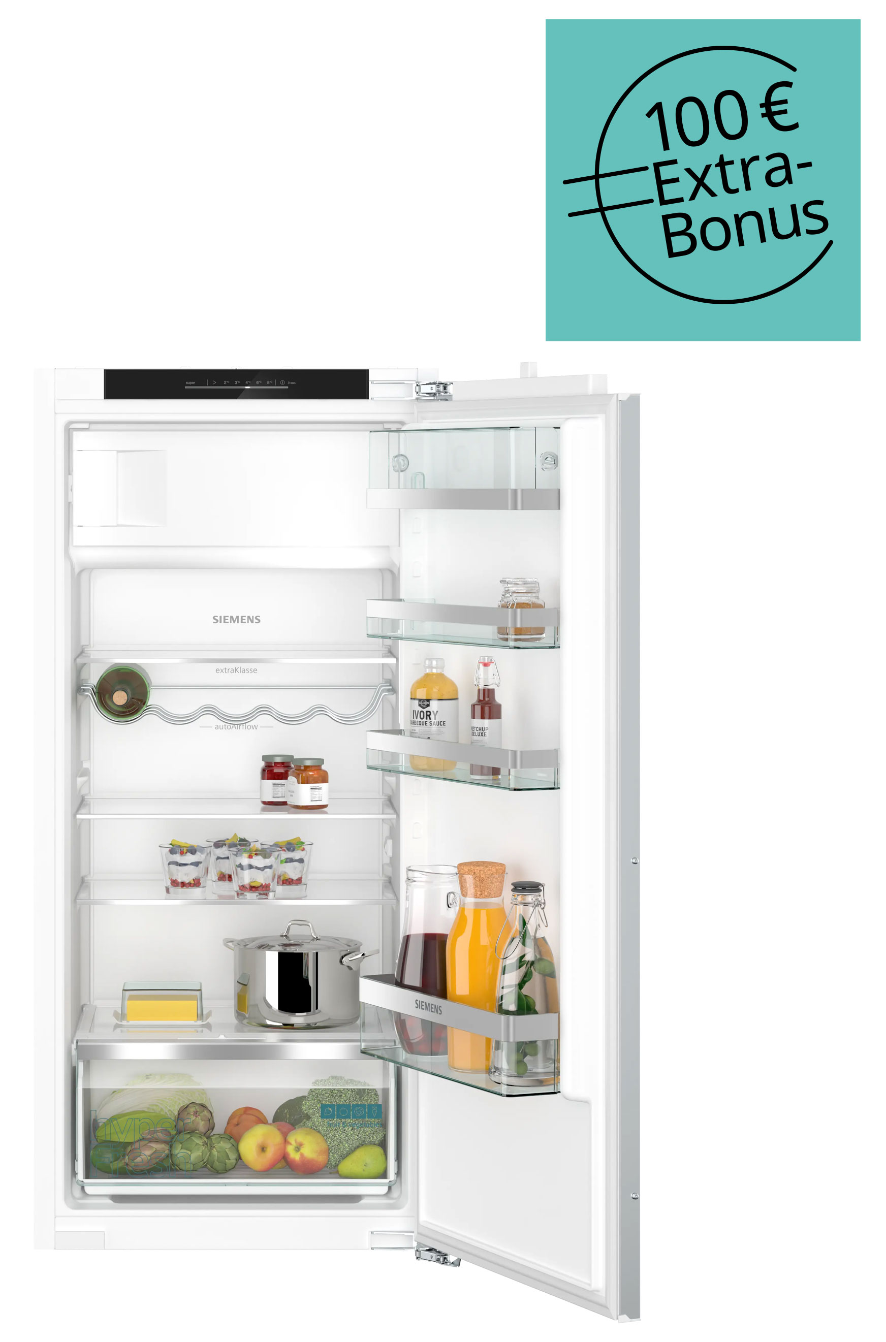 kühlschrank, einbaukühlschrank, weißer kühlschrank, flaschenregal, obst und gemüse schubfach