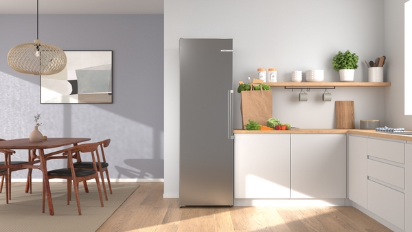 Küche, Kühlschrank, Edelstahl, Grau, Holzregal