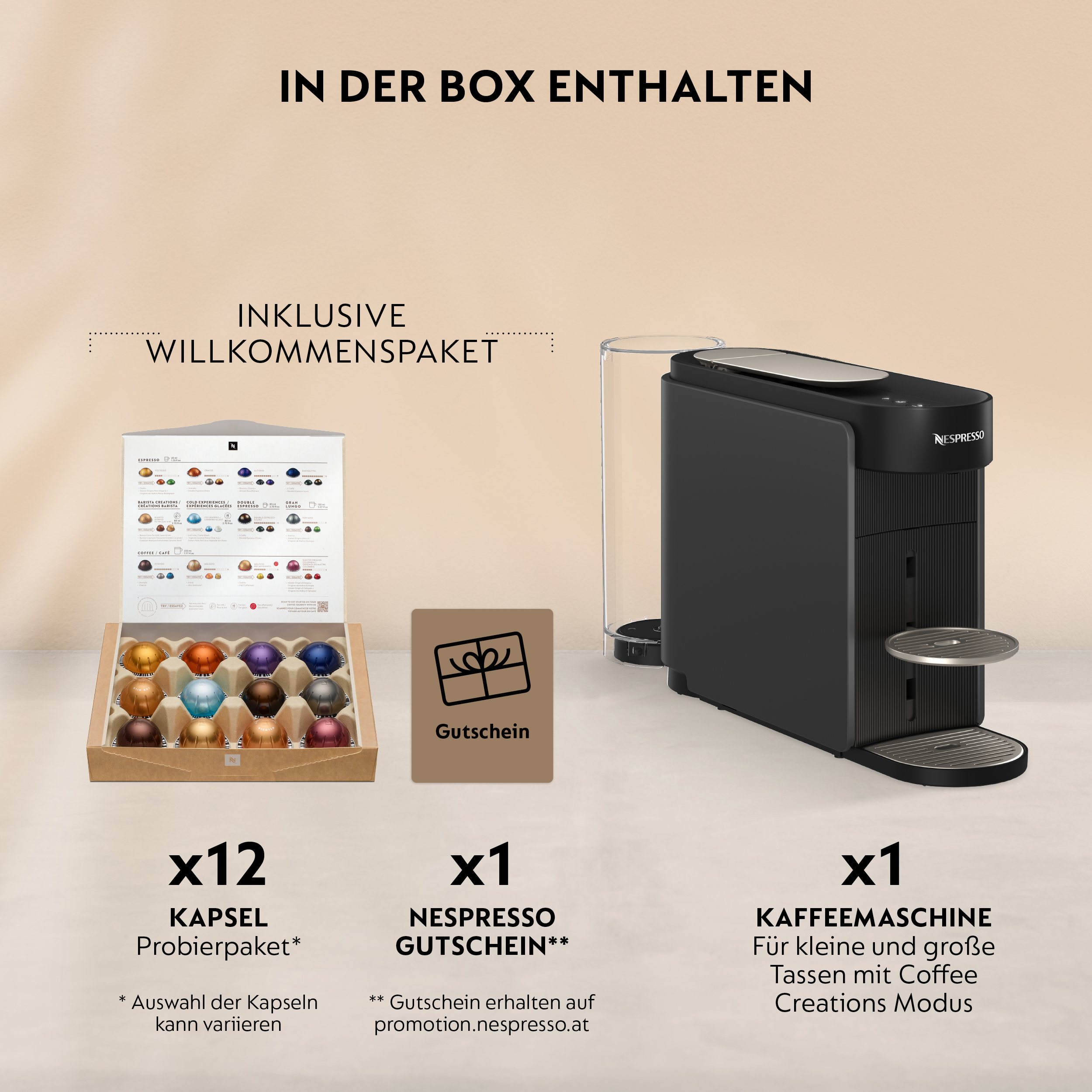Kapselprobe, Nespresso Maschine, Kaffeemaschine, Gutschein, Box mit Kapseln