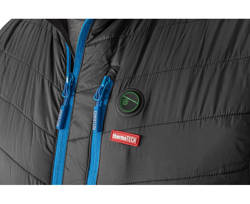 Pufferjacke, blaue Reißverschlüsse, thermaTECH, Hoodie-Jacke, schwarze Außenlage