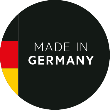 made in germany, circle badge, black circle, flag accents, label design