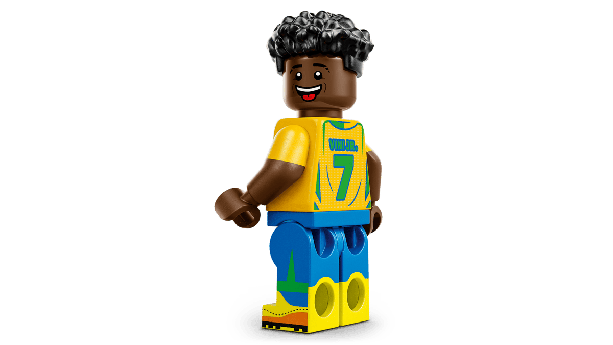 lego minifigure, athletic jersey, yellow shirt, blue pants, brown skin