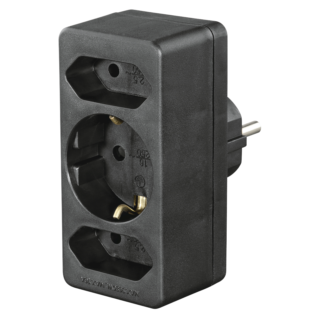 Steckdosenadapter 3-fach, 1x Schutzkontakt, 2x Euro, Schwarz (223216) Steckdosenadapter 3-fach, 1x Schutzkontakt, 2x Euro, Schwarz (223216)