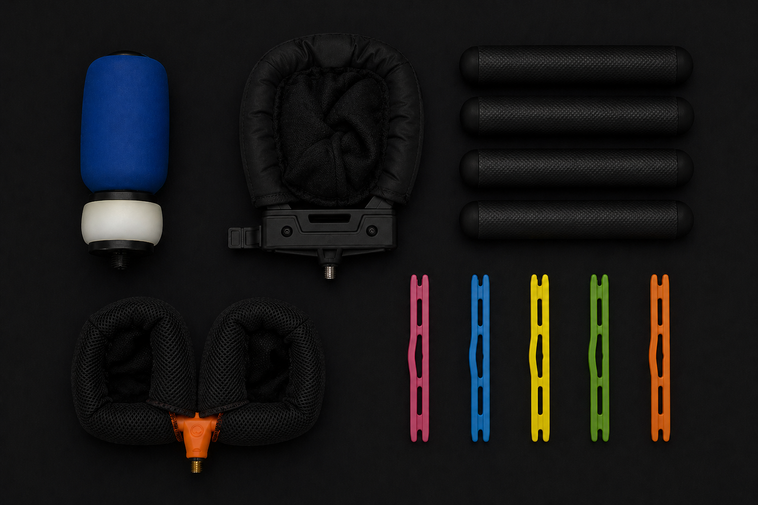 Kopfhalterung, Schulterpolster, Gurtband, Schnalle, Griffe