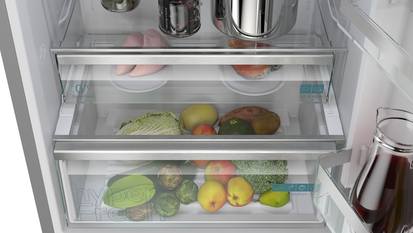 top shelf, pots and pans, refrigerator, produce drawer, crisper