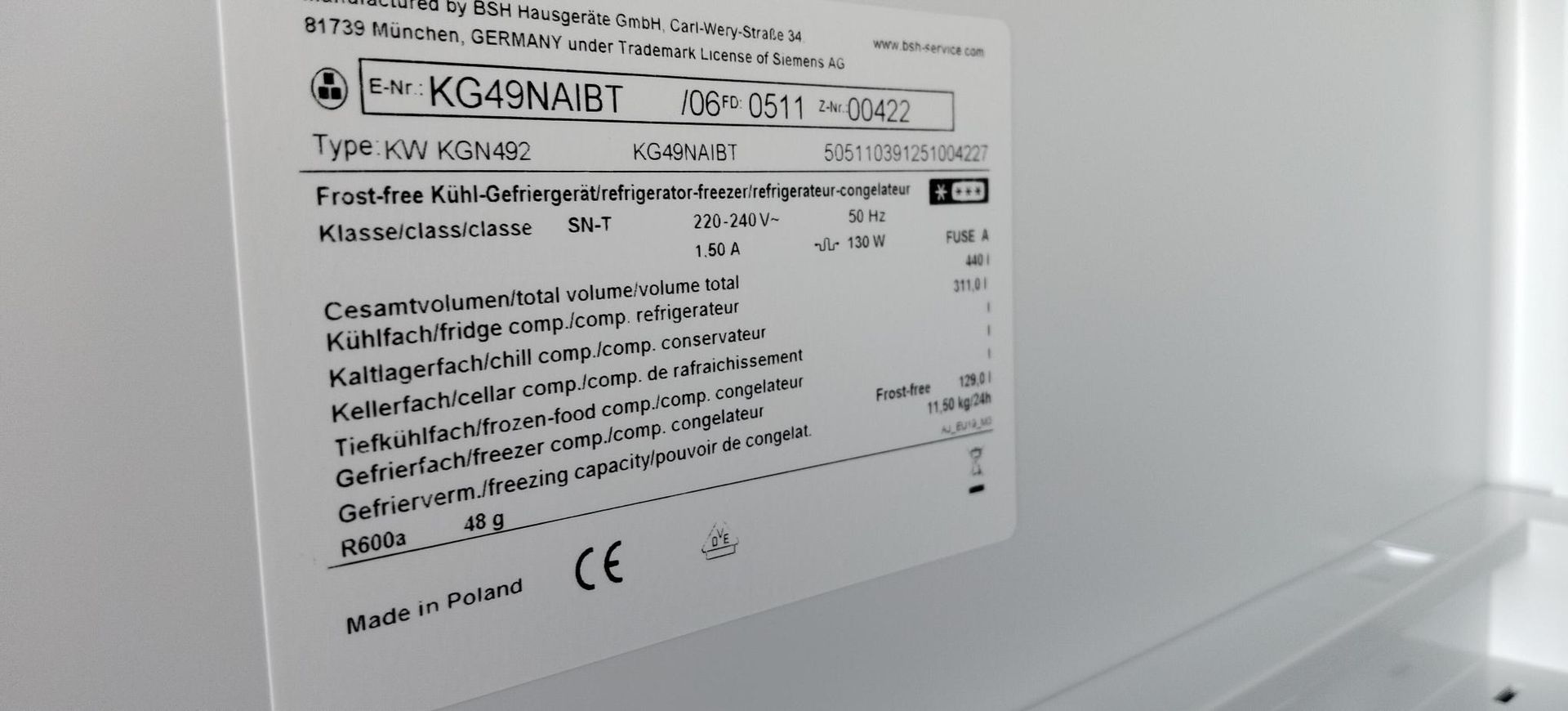 Kühlschrank, Gefrierfach, frostfrei, Made in Poland, Etikett
