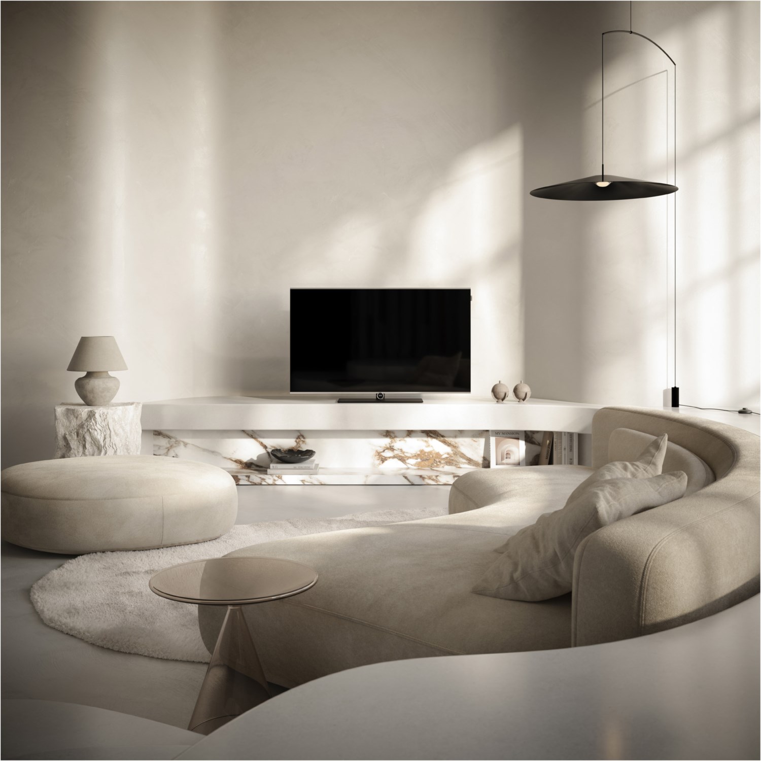 wohnzimmer, tv-konsole, marmer, lampen, sofa