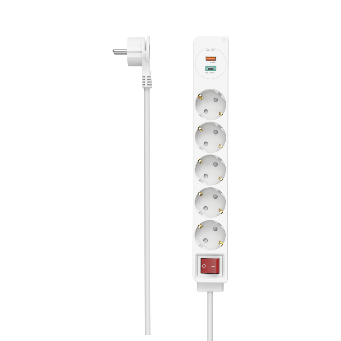 Steckdosenleiste, 5-fach, USB-C/A 18W, PD/FC, Schalter, Flachst., 1,4 m, W (223186) Steckdosenleiste, 5-fach, USB-C/A 18W, PD/FC, Schalter, Flachst., 1,4 m, W (223186)