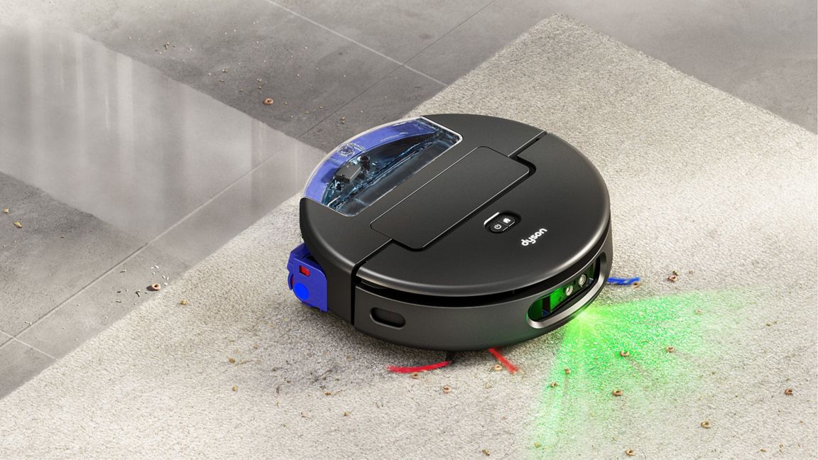 Saugroboter, Roboterstaubsauger, Gehäuse schwarz, Grüne Laser-/Lichtmarkierung, Staub-/Schmutzaufwirbelung