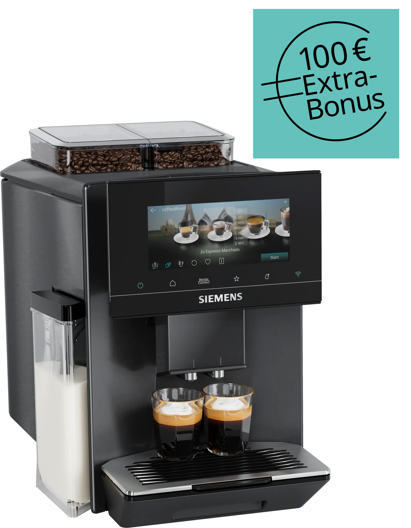 Kaffeemaschine, Espressomaschine, Schwarz, Fusion-Tanks, Milchbehälter