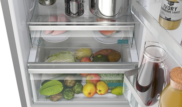 obst, gemüse, kühlschrank, schublade, frontansicht